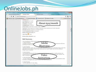 OnlineJobs.ph

                About $325/month




                   Adobe
                Illustrator


              Video
            Animations
 