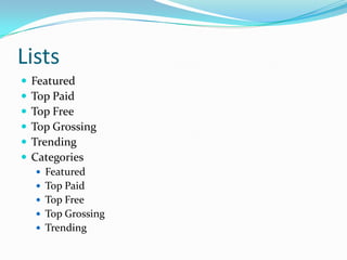 Lists
   Featured
   Top Paid
   Top Free
   Top Grossing
   Trending
   Categories
     Featured
     Top Paid
     Top Free
     Top Grossing
     Trending
 