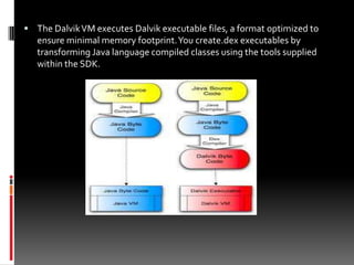  The Dalvik VM executes Dalvik executable files, a format optimized to
   ensure minimal memory footprint. You create.dex executables by
   transforming Java language compiled classes using the tools supplied
   within the SDK.
 