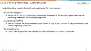 Layers in Android Architecture—Android Runtime
Android Runtime contains Dalvik Virtual machine and Core Java libraries.
• Dalvik Virtual Machine
• It is a form of Java Virtual Machine used in Android devices to run apps and is enhanced for low
processing power and low memory backgrounds.
• Android Runtime (ART)
• Android Runtime has several benefits over Dalvik VM such as AOT (Ahead Of Time) compilation
enhanced garbage collection.
and
• Core Java Libraries
• These Libraries provides most of the functionalities defined in the Java SE Libraries.
© Simplilearn. All rights reserved. 11
 