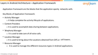 Layers in Android Architecture—Application Framework
Application Framework are the blocks that the application openly networks with.
Key Blocks of Application Framework:
• Activity Manager
o It helps complete the activity lifecycle of applications.
Content Providers
o It is used to accomplish data sharing between applications.
Telephony Manager
o It is used to take care of all voice calls.
Location Manager
o It is used to bring about the Locations obtained from GPS or
Resource Manager
•
•
•
cell towers.
•
o It is used to manage the different resources types in Android applications.
© Simplilearn. All rights reserved. 12
 