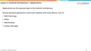 Layers in Android Architecture—Applications
Applications are the topmost layer in the Android architecture.
Several standard applications comes pre-installed with every device, such as:
•
•
•
•
SMS Client App
Dialer
Web Browser
Contact Manager
© Simplilearn. All rights reserved. 13
 