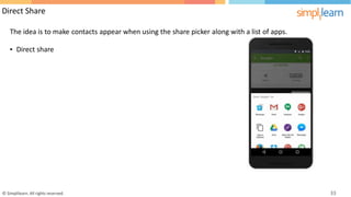 Direct Share
The idea is to make contacts appear when using the share picker along with a list of apps.
• Direct share
© Simplilearn. All rights reserved. 33
 