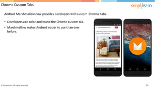 Chrome Custom Tabs
Android Marshmallow now provides developers with custom Chrome tabs.
•
•
Developers can color and brand the Chrome custom tab.
Marshmallow
before.
makes Android easier to use than ever
© Simplilearn. All rights reserved. 34
 