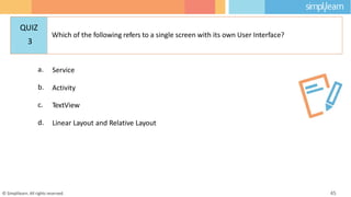 a. Service
b. Activity
c. TextView
d. Linear Layout and Relative Layout
© Simplilearn. All rights reserved. 45
QUIZ
3
Which of the following refers to a single screen with its own User Interface?
 