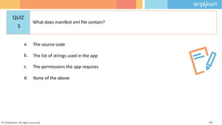 a. The source code
b. The list of strings used in the app
c. The permissions the app requires
d. None of the above
© Simplilearn. All rights reserved. 49
QUIZ
5
What does manifest xml file contain?
 