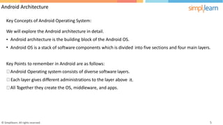 Android Architecture
Key Concepts of Android Operating System:
We will explore the Android architecture in detail.
•
•
Android architecture is the building block of the Android OS.
Android OS is a stack of software components which is divided into five sections and four main layers.
Key Points
Android
to remember in Android are as follows:
Operating system consists of diverse software layers.
Each layer gives different administrations to the layer above
All Together they create the OS, middleware, and apps.
it.
© Simplilearn. All rights reserved. 5
 