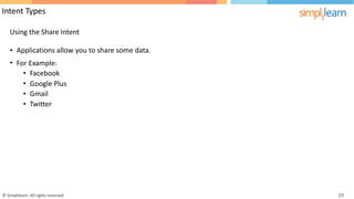 Intent Types
Using the Share Intent
•
•
Applications allow you to share some data.
For
•
•
•
•
Example:
Facebook
Google
Gmail
Twitter
Plus
© Simplilearn. All rights reserved. 29
 