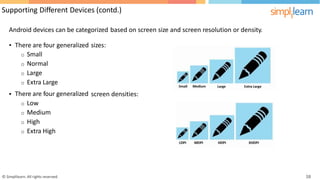 Supporting Different Devices (contd.)
Android devices can be categorized based on screen size and screen resolution or density.
• There are four generalized
o Small
o Normal
o Large
o Extra Large
There are four generalized
o Low
o Medium
o High
o Extra High
sizes:
• screen densities:
© Simplilearn. All rights reserved. 38
 