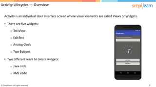 Activity Lifecycles — Overview
Activity is an individual User Interface screen where visual elements are called Views or Widgets.
• There are five widgets:
o TextView
o EditText
o Analog Clock
o Two Buttons
• Two different ways to create widgets:
o Java code
o XML code
© Simplilearn. All rights reserved. 9
 