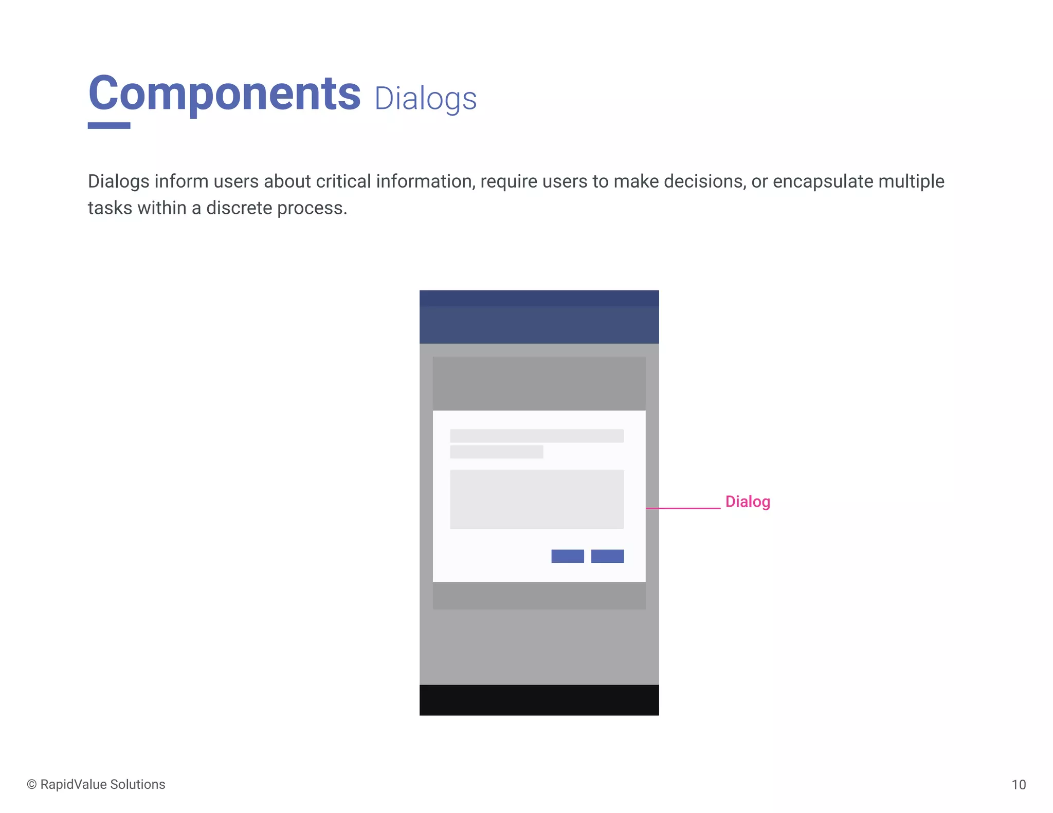 Components Dialogs
10
Dialogs inform users about critical information, require users to make decisions, or encapsulate multiple
tasks within a discrete process.
Dialog
© RapidValue Solutions
 