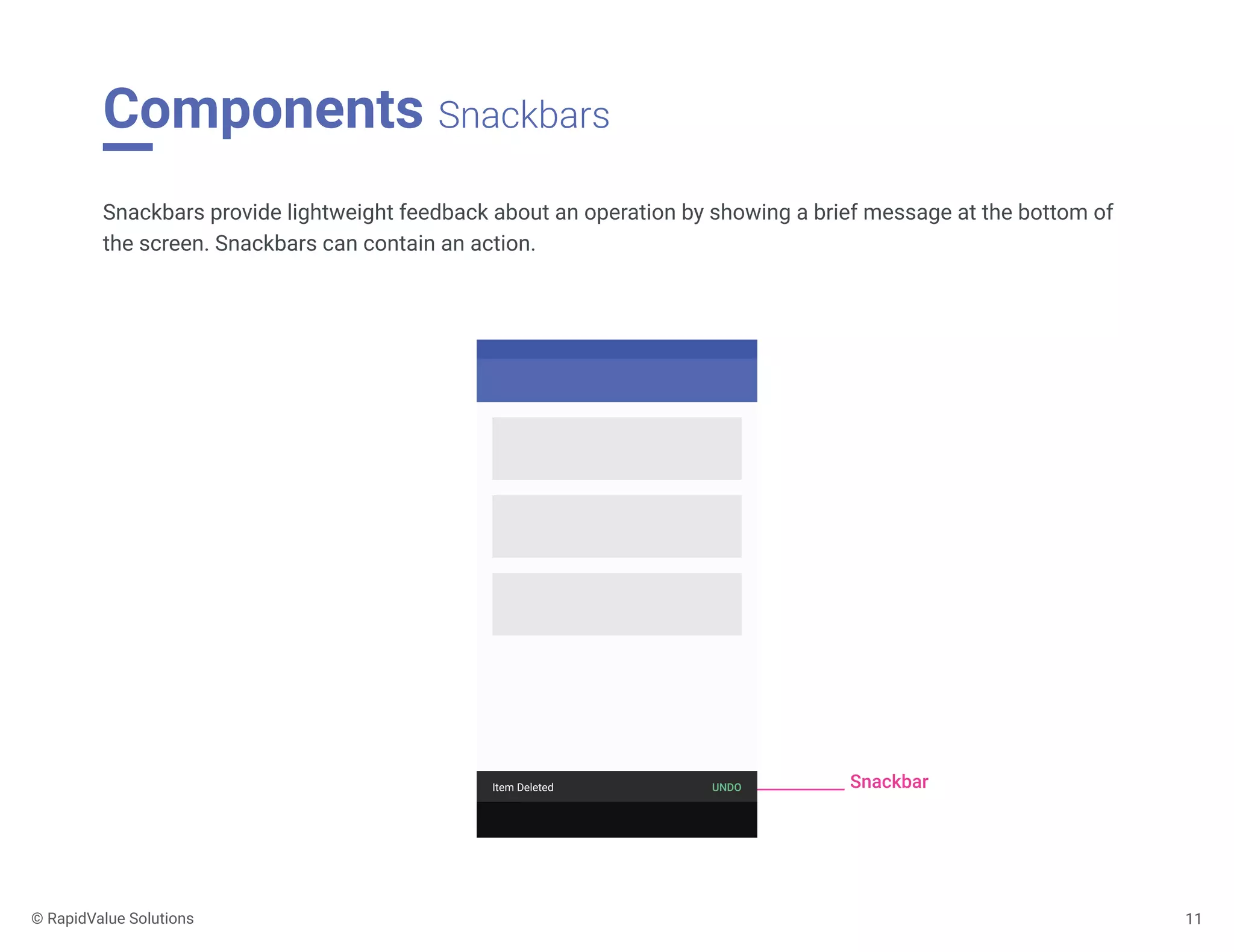 Components Snackbars
11
Snackbars provide lightweight feedback about an operation by showing a brief message at the bottom of
the screen. Snackbars can contain an action.
SnackbarItem Deleted UNDO
© RapidValue Solutions
 