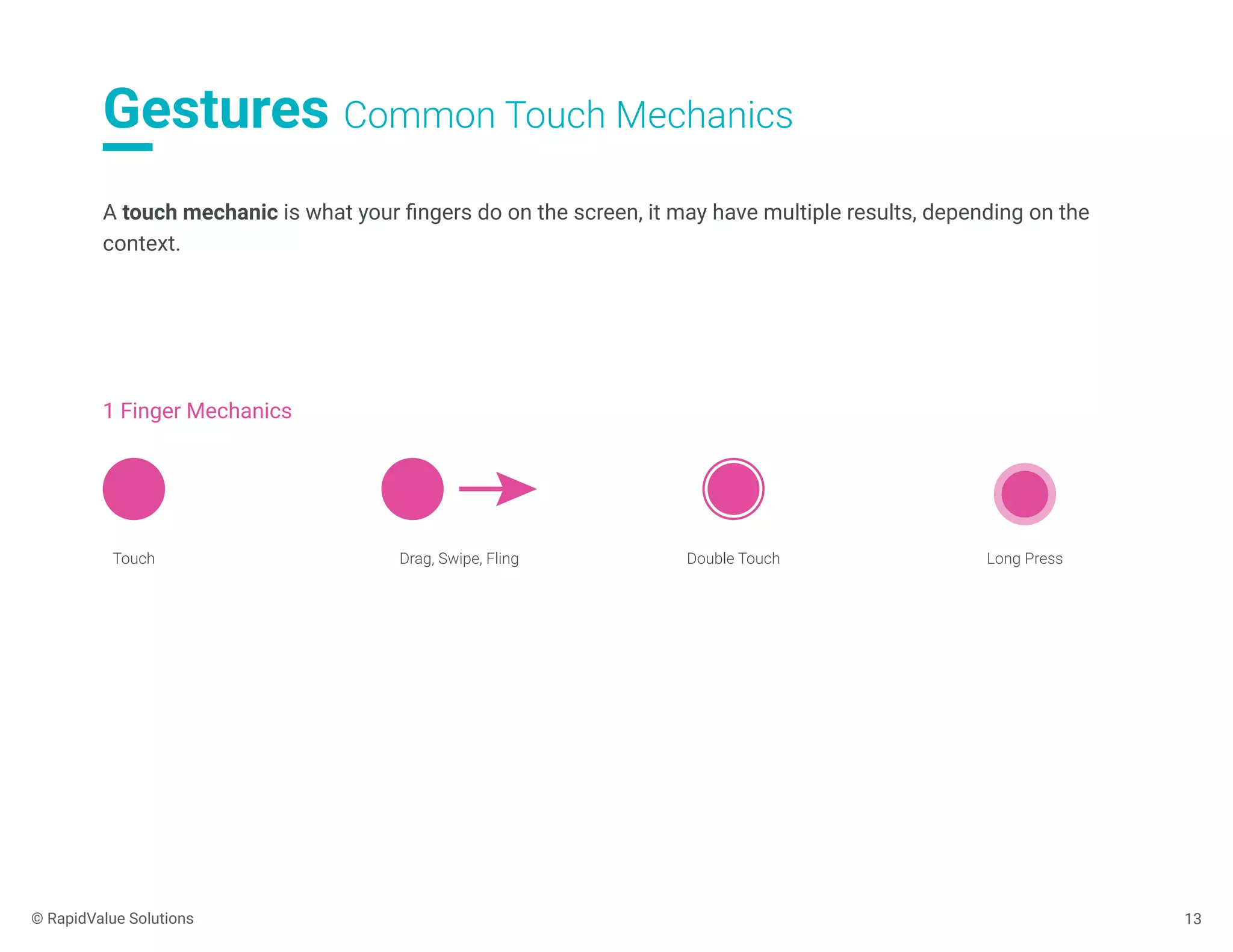 Gestures Common Touch Mechanics
13
A touch mechanic is what your ﬁngers do on the screen, it may have multiple results, depending on the
context.
Touch Drag, Swipe, Fling Double Touch Long Press
1 Finger Mechanics
© RapidValue Solutions
 