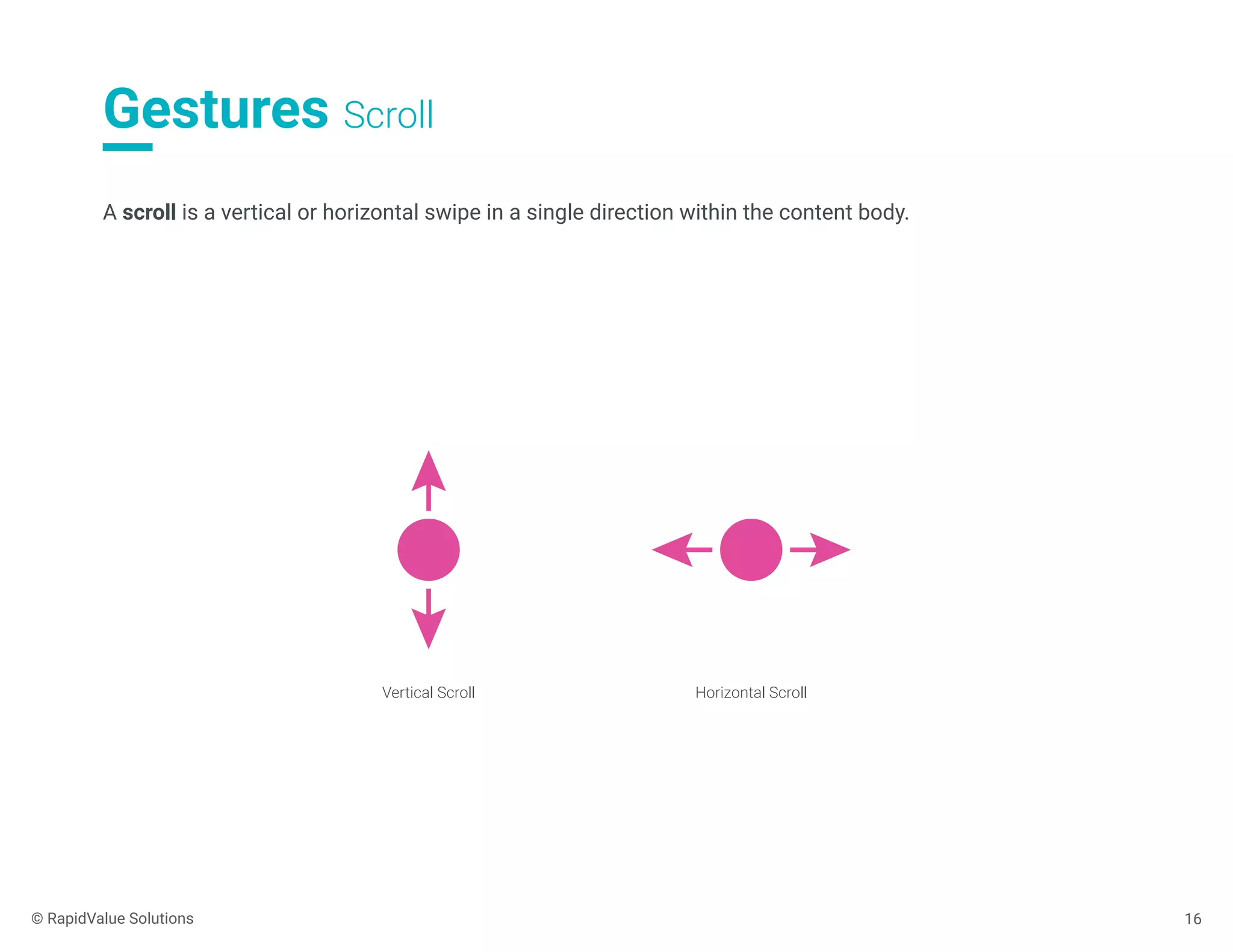 Gestures Scroll
16
A scroll is a vertical or horizontal swipe in a single direction within the content body.
Vertical Scroll Horizontal Scroll
© RapidValue Solutions
 