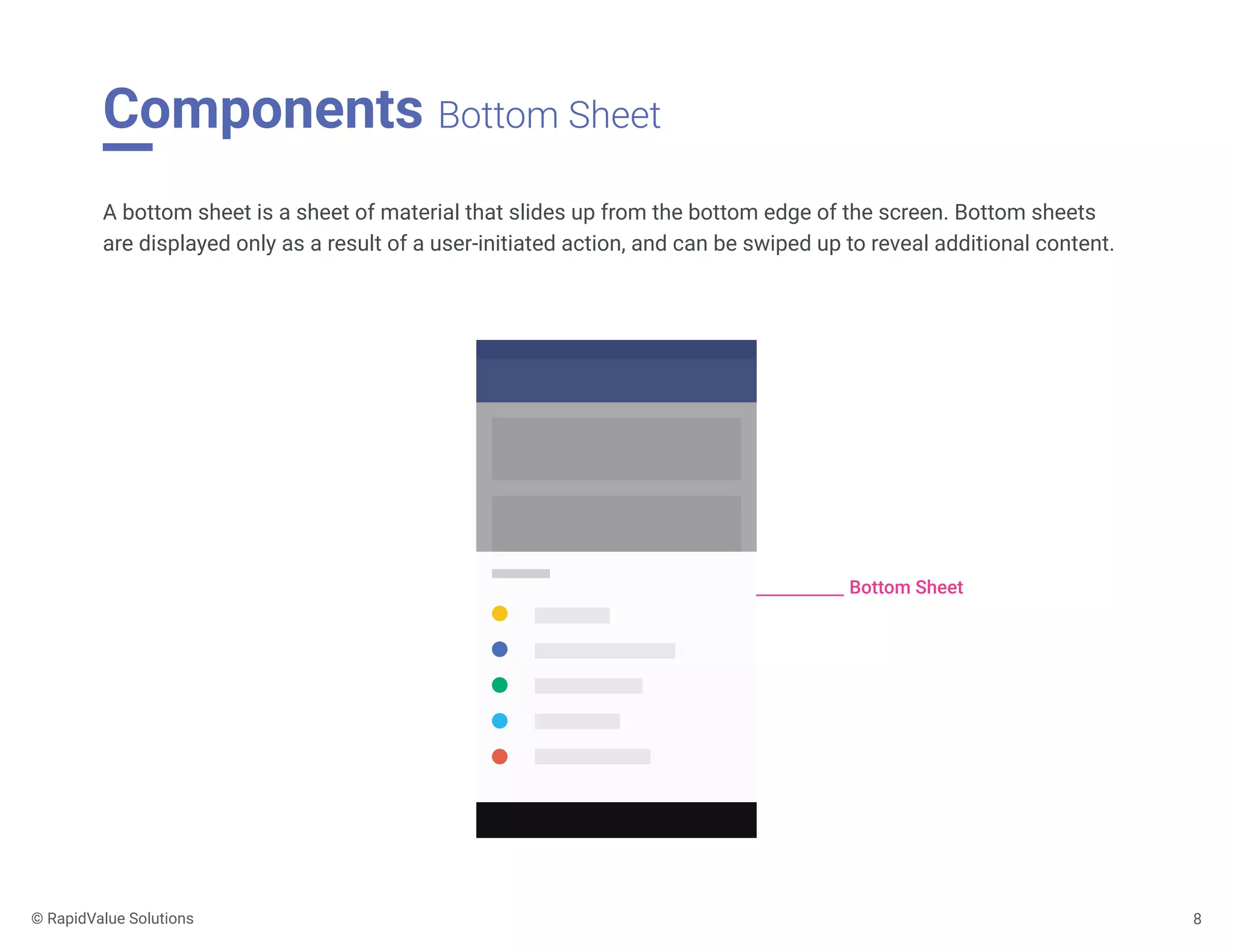 Components Bottom Sheet
8
A bottom sheet is a sheet of material that slides up from the bottom edge of the screen. Bottom sheets
are displayed only as a result of a user-initiated action, and can be swiped up to reveal additional content.
Bottom Sheet
© RapidValue Solutions
 