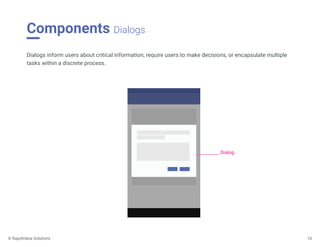 Components Dialogs
10
Dialogs inform users about critical information, require users to make decisions, or encapsulate multiple
tasks within a discrete process.
Dialog
© RapidValue Solutions
 