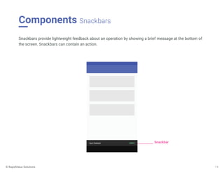 Components Snackbars
11
Snackbars provide lightweight feedback about an operation by showing a brief message at the bottom of
the screen. Snackbars can contain an action.
SnackbarItem Deleted UNDO
© RapidValue Solutions
 