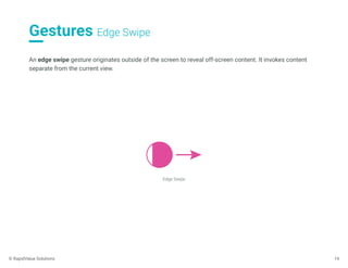 Gestures Edge Swipe
19
An edge swipe gesture originates outside of the screen to reveal off-screen content. It invokes content
separate from the current view.
Edge Swipe
© RapidValue Solutions
 