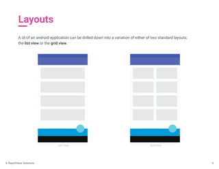 Layouts
A UI of an android application can be drilled down into a variation of either of two standard layouts;
the list view or the grid view.
List View Grid View
4© RapidValue Solutions
 