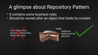 A glimpse about Repository Pattern
* It contains some business rules
* Should be named after an object that holds its content
moneyRepository
documentsRepository
cardsRepository
wallet
getMoney
getDocuments
getCards
 