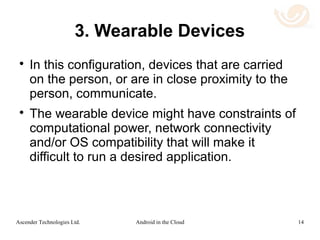 Benefits of Ascender's Solution
 Enables cost and computer resource efficient
remote execution of unmodified Android apps
on multiple platforms.
 Enables viewing on the remote client without
performance compromise.
 Enables remote access to a large number of
the 1,000,000+ available Android apps.
14Android in the CloudAscender Technologies Ltd.
 