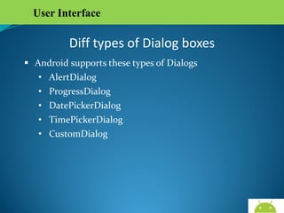 User Interface

Diff types of Dialog boxes
 Android supports these types of Dialogs
• AlertDialog
• ProgressDialog
• DatePickerDialog
• TimePickerDialog
• CustomDialog

AndroidWallet.blogspot.in

 