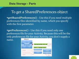 Data Storage - Parts

To get a SharedPreferences object
getSharedPreferences() - Use this if you need multiple
preferences files identified by name, which you specify with
the first parameter.
getPreferences() - Use this if you need only one preferences
file for your Activity. Because this will be the only preferences
file for your Activity, you don't supply a name.

AndroidWallet.blogspot.in

 