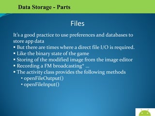 Data Storage - Parts

Files
It’s a good practice to use preferences and databases to
store app data
 But there are times where a direct file I/O is required.
 Like the binary state of the game
 Storing of the modified image from the image editor
 Recording a FM broadcasting* …
 The activity class provides the following methods
• openFileOutput()
• openFileInput()

AndroidWallet.blogspot.in

 