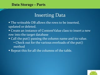 Data Storage - Parts

Inserting Data
 The writeable DB allows the rows to be inserted,
updated or deleted.
 Create an instance of ContentValue class to insert a new
row into the target database
 Call the put() passing the column name and its value.
• Check out for the various overloads of the put() method
 Repeat this for all the columns of the table.

AndroidWallet.blogspot.in

 