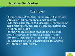 Broadcast Notifications

Examples
 For instance, a Broadcast receiver triggers battery Low
notification that you see on your mobile screen.
 Other instances caused by a Broadcast Receiver are new
friend notifications, new friend feeds, new message etc. on
your Facebook app.
 In fact, you see broadcast receivers at work all the
time. Notifications like incoming messages, WiFi
Activated/Deactivated message etc. are all real-time
announcements of what is happening in the Android system
and the applications.

AndroidWallet.blogspot.in

 