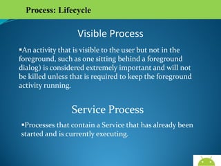 Process: Lifecycle

Visible Process
An activity that is visible to the user but not in the
foreground, such as one sitting behind a foreground
dialog) is considered extremely important and will not be
killed unless that is required to keep the foreground
activity running.

Service Process
Processes that contain a Service that has already been
started and is currently executing.

AndroidWallet.blogspot.in

 
