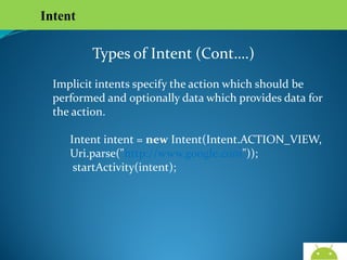 Intent

Types of Intent (Cont….)
Implicit intents specify the action which should be
performed and optionally data which provides data for
the action.
Intent intent = new Intent(Intent.ACTION_VIEW,
Uri.parse("http://www.google.com"));
startActivity(intent);

AndroidWallet.blogspot.in

 