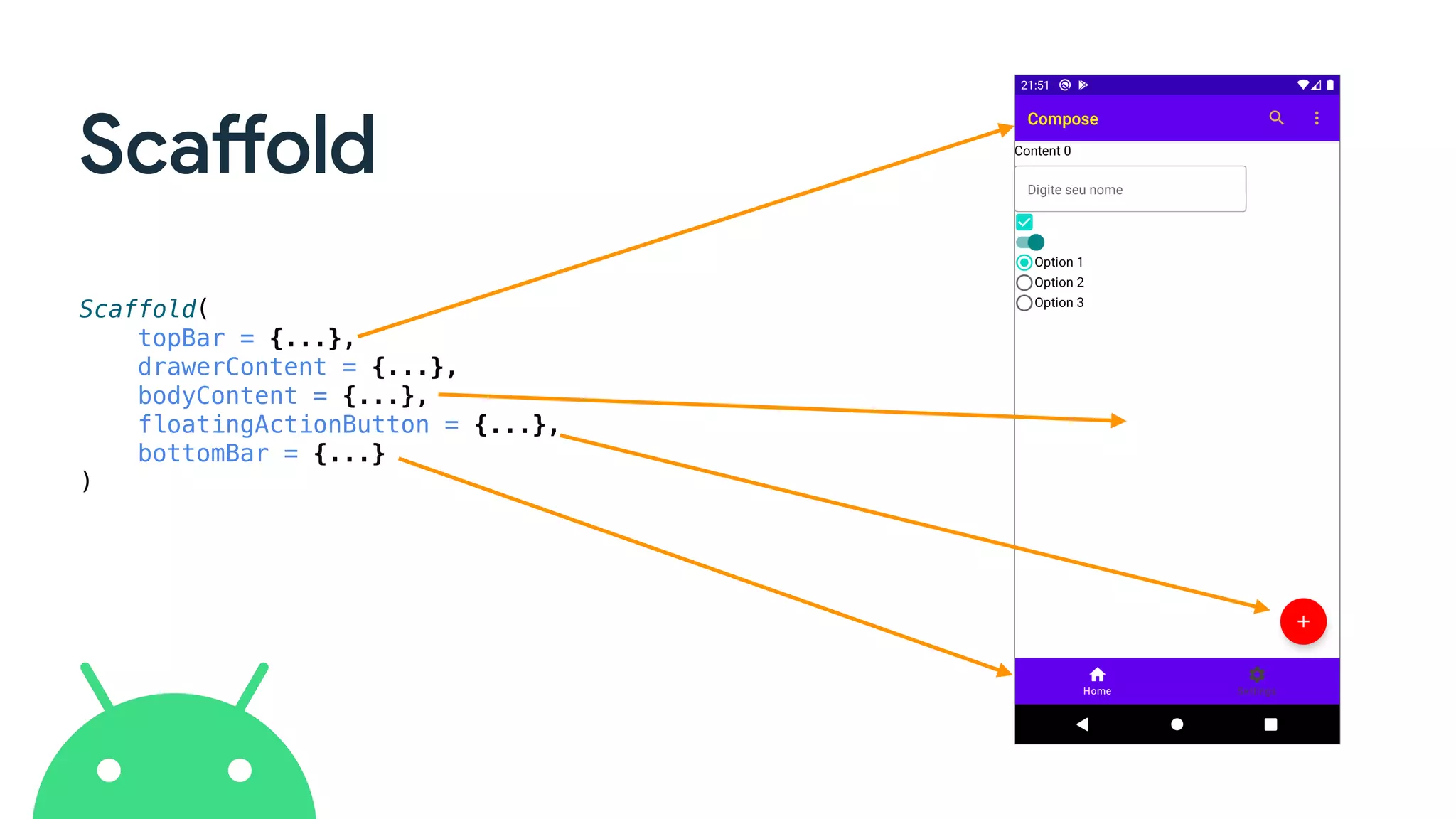 Scaffold
Scaffold(
topBar = {...},
drawerContent = {...},
bodyContent = {...},
floatingActionButton = {...},
bottomBar = {...}
)
 