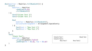 Box(modifier = Modifier.fillMaxWidth()) {
Column(
modifier = Modifier
.padding(16.dp)
.fillMaxWidth()
) {
Text("Column Text 1")
Text("Column Text 2")
Row(
modifier = Modifier.fillMaxWidth(),
horizontalArrangement = Arrangement.SpaceEvenly
) {
Text(text = "Row Text 1")
Text(text = "Row Text 2")
}
}
Text(
"Stack Text",
modifier = Modifier
.align(Alignment.TopEnd)
.padding(end = 16.dp, top = 16.dp)
)
}
 