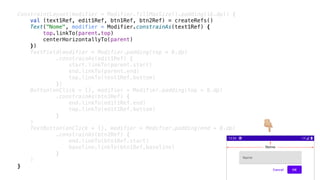 ConstraintLayout(modifier = Modifier.fillMaxSize().padding(16.dp)) {
val (text1Ref, edit1Ref, btn1Ref, btn2Ref) = createRefs()
Text("Nome", modifier = Modifier.constrainAs(text1Ref) {
top.linkTo(parent.top)
centerHorizontallyTo(parent)
})
TextField(modifier = Modifier.padding(top = 8.dp)
.constrainAs(edit1Ref) {
start.linkTo(parent.start)
end.linkTo(parent.end)
top.linkTo(text1Ref.bottom)
})
Button(onClick = {}, modifier = Modifier.padding(top = 8.dp)
.constrainAs(btn1Ref) {
end.linkTo(edit1Ref.end)
top.linkTo(edit1Ref.bottom)
}
)
TextButton(onClick = {}, modifier = Modifier.padding(end = 8.dp)
.constrainAs(btn2Ref) {
end.linkTo(btn1Ref.start)
baseline.linkTo(btn1Ref.baseline)
}
)
}
👇
 