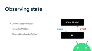 Observing state
• LiveData.observeAsState
• Flow.collectAsState
• Observable.subscribeAsState
View Model
UI
state event
 