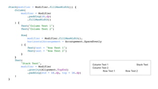 Stack(modifier = Modifier.fillMaxWidth()) {
Column(
modifier = Modifier
.padding(16.dp)
.fillMaxWidth()
) {
Text("Column Text 1")
Text("Column Text 2")
Row(
modifier = Modifier.fillMaxWidth(),
horizontalArrangement = Arrangement.SpaceEvenly
) {
Text(text = "Row Text 1")
Text(text = "Row Text 2")
}
}
Text(
"Stack Text",
modifier = Modifier
.gravity(Alignment.TopEnd)
.padding(end = 16.dp, top = 16.dp)
)
}
 