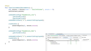 @Test
fun testIncrementDecrement() {
val score = Score(team = "Corinthians", score = 0)
setContent(score)
onNodeWithTag("TeamScore_Inc")
.performClick()
.performClick()
onNodeWithText("2").assertIsDisplayed()
runOnIdle {
assertEquals(2, score.score)
}
onNodeWithTag("TeamScore_Dec")
.performClick()
onNodeWithText("1").assertIsDisplayed()
runOnIdle {
assertEquals(1, score.score)
}
}
 