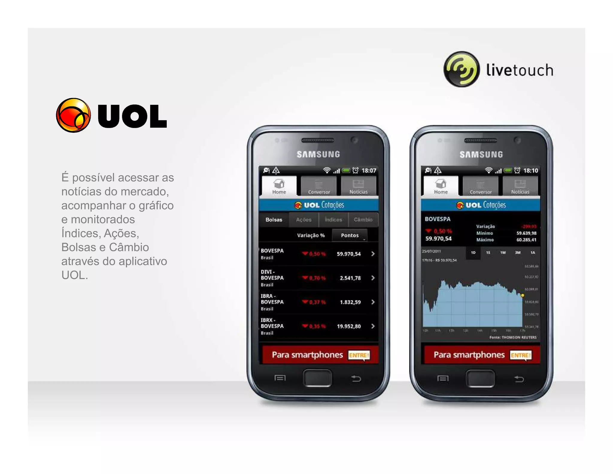 É possível acessar as
notícias do mercado,
acompanhar o gráfico
e monitorados
Índices, Ações,
Bolsas e Câmbio
através do aplicativo
UOL.
 