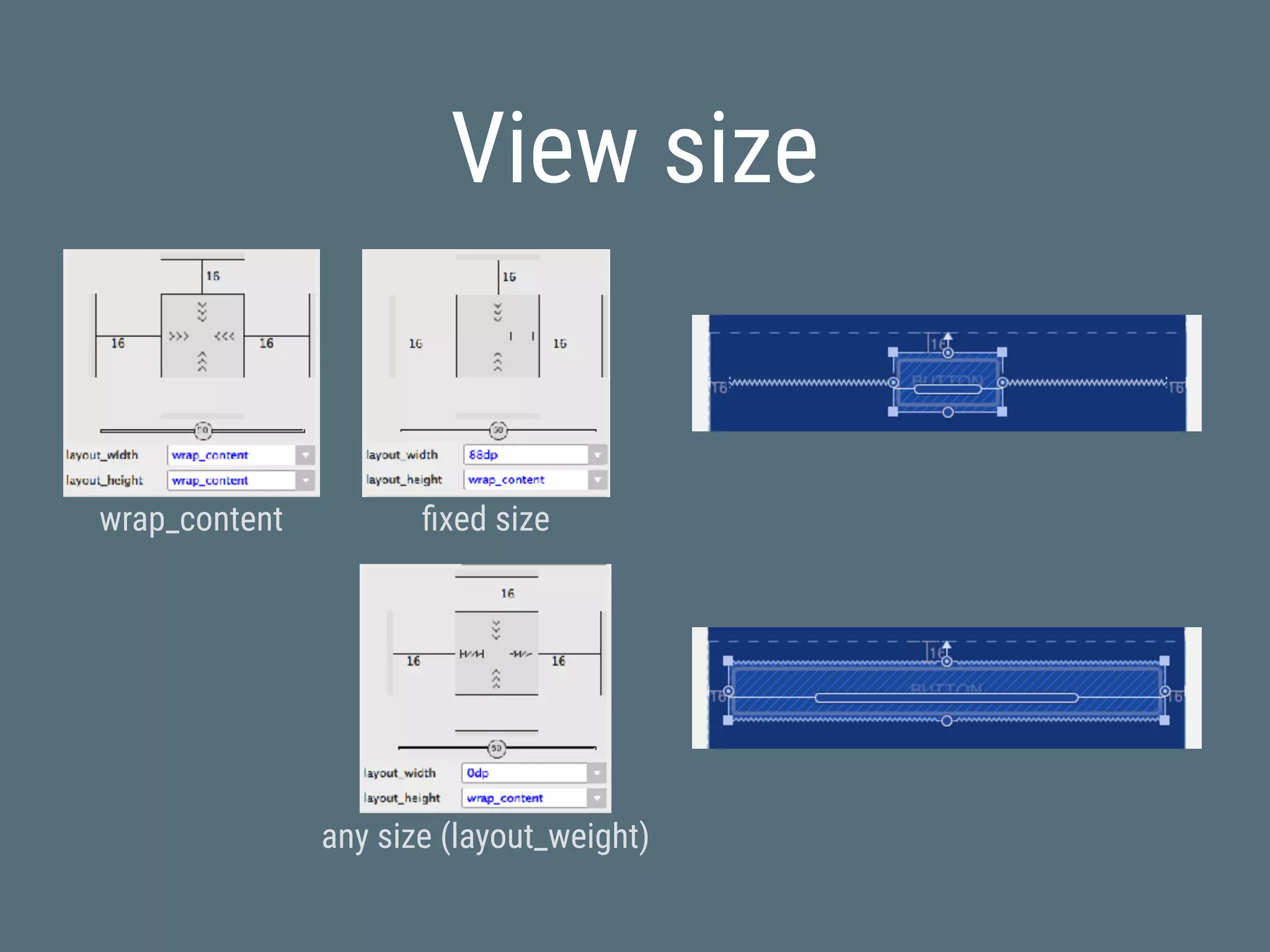 View size
wrap_content ﬁxed size
any size (layout_weight)
 