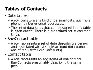 Tables of Contacts
• Data tables
> A row can store any kind of personal data, such as a
phone number or email addresses.
> The set of data kinds that can be stored in this table
is open-ended. There is a predefined set of common
kinds.
• RawContact table
> A row represents a set of data describing a person
and associated with a single account (for example,
one of the user's Gmail accounts).
• Contact table
> A row represents an aggregate of one or more
RawContacts presumably describing the same
person.
 