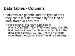 Data Tables - Columns
• Columns are generic and the type of data
they contain is determined by the kind of
data stored in each row.
> For example, if a row's data kind is
Phone.CONTENT_ITEM_TYPE Mime type, then the
first column stores the phone number, but if the
data kind is Email.CONTENT_ITEM_TYPE Mime
type, then the column stores the email address.
 
