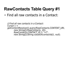 RawContacts Table Query #1
• Find all raw contacts in a Contact:
// Find all raw contacts in a Contact:
Cursor c =
getContentResolver().query(RawContacts.CONTENT_URI,
new String[]{RawContacts._ID},
RawContacts.CONTACT_ID + "=?",
new String[]{String.valueOf(contactId)}, null);
 