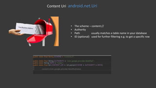 Content Uri android.net.Uri
• The scheme – content://
• Authority
• Path usually matches a table name in your database
• ID (optional) used for further filtering e.g. to get a specific row
 