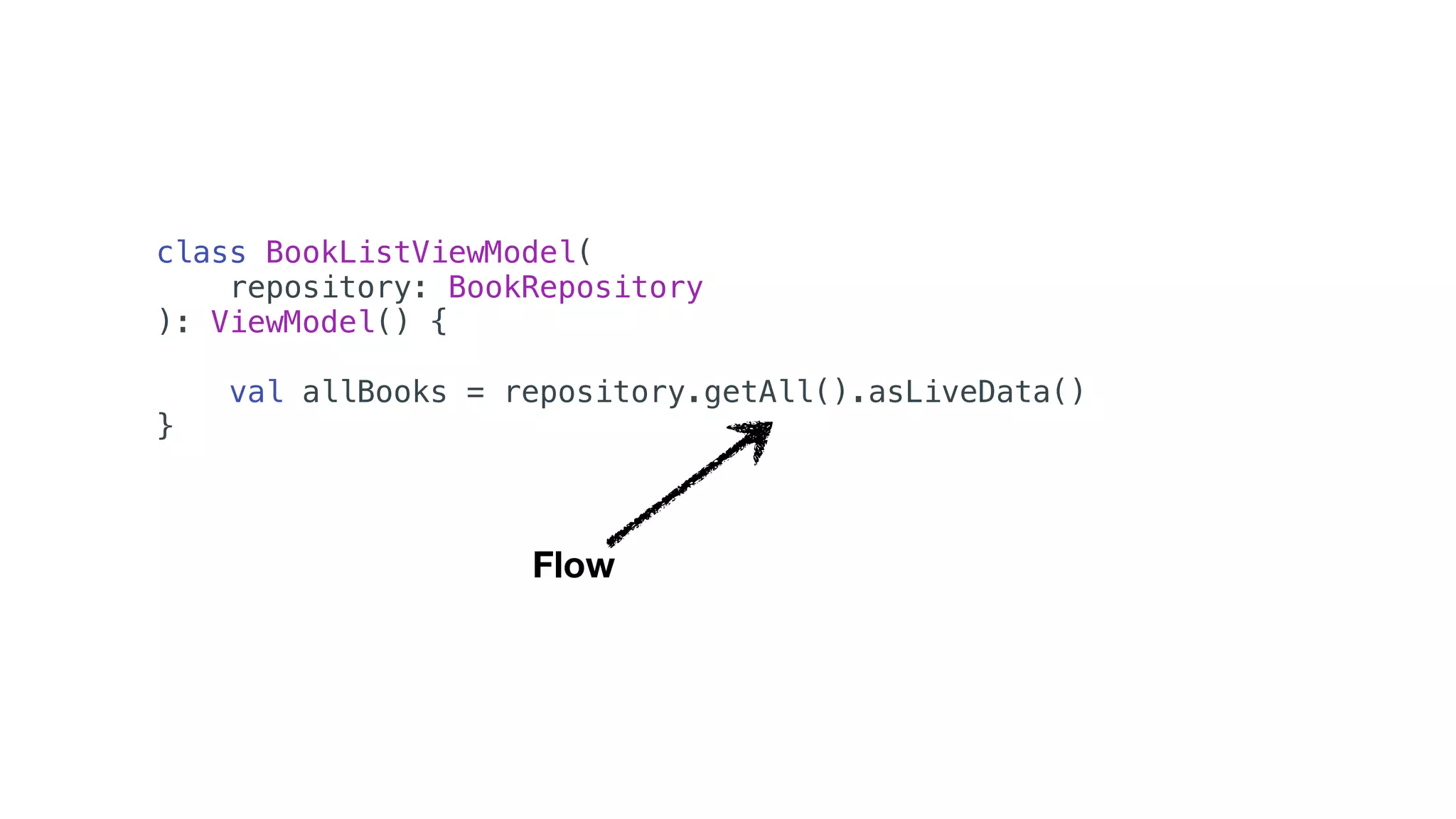 class BookListViewModel(
repository: BookRepository
): ViewModel() {
val allBooks = repository.getAll().asLiveData()
}
Flow
 