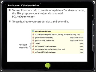 Persistence: SQLiteOpenHelper
 To simplify your code to create or update a Database schema,
the SDK propose you a Helper class named :
SQLiteOpenHelper.
 To use it, create your proper class and extend it.
Abstract
Methods
 