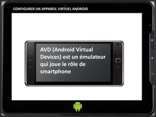 CONFIGURER UN APPAREIL VIRTUEL ANDROID
AVD (Android Virtual
Devices) est un émulateur
qui joue le rôle de
smartphone
 