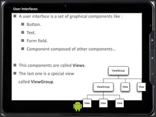 User Interfaces
 A user interface is a set of graphical components like :
 Button.
 Text.
 Form field.
 Component composed of other components…
 This components are called Views.
 The last one is a special view
called ViewGroup.
 
