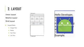 2. LAYOUT
Linear Layout
Relative Layout
Grid Layout
 Layout Items
 Image View
 Button
 Text View
 List View
 