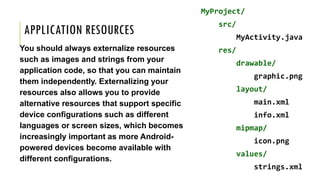 APPLICATION RESOURCES
You should always externalize resources
such as images and strings from your
application code, so that you can maintain
them independently. Externalizing your
resources also allows you to provide
alternative resources that support specific
device configurations such as different
languages or screen sizes, which becomes
increasingly important as more Android-
powered devices become available with
different configurations.
MyProject/
src/
MyActivity.java
res/
drawable/
graphic.png
layout/
main.xml
info.xml
mipmap/
icon.png
values/
strings.xml
 